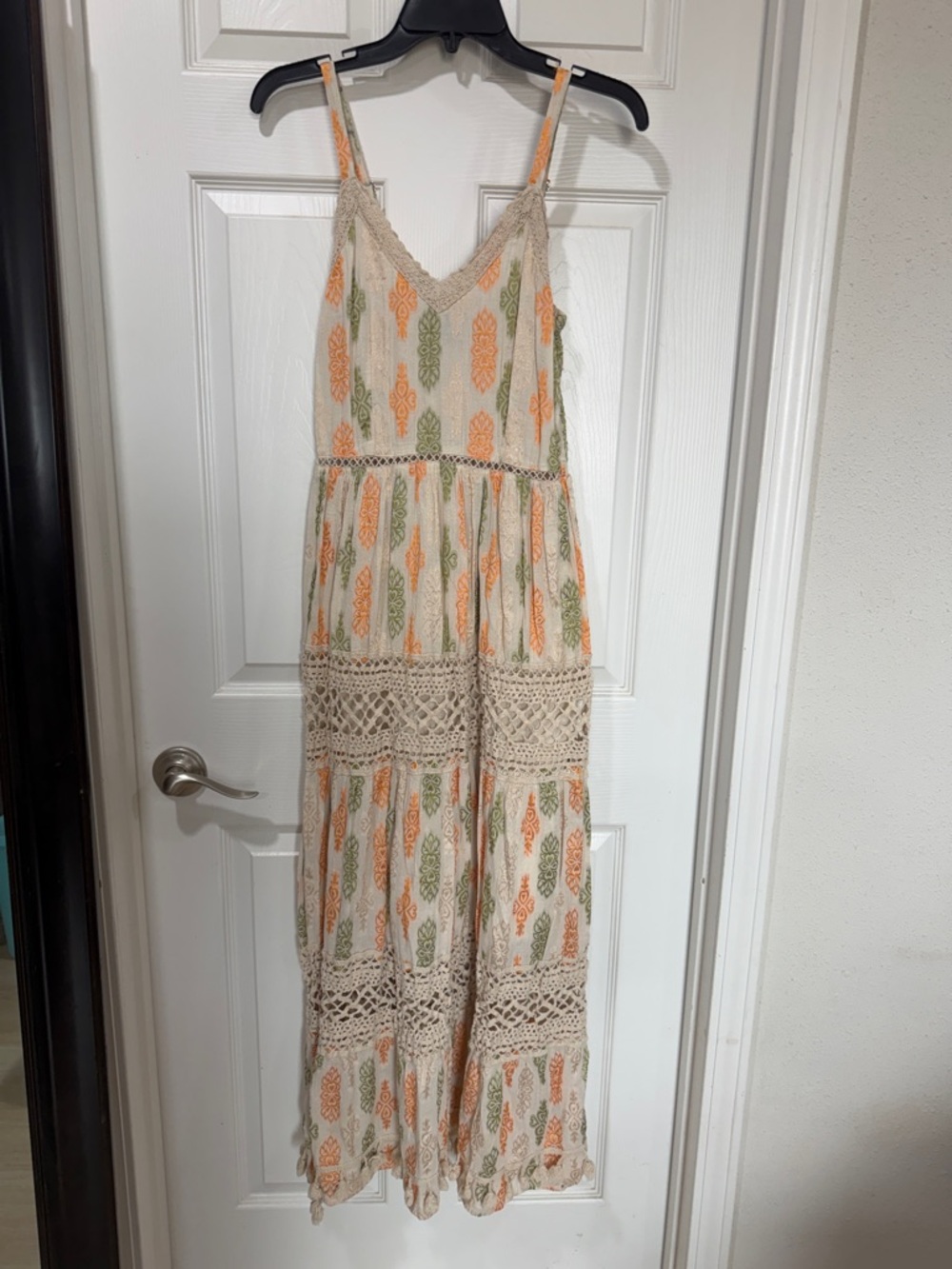 Bohemian Crochet-Trim Maxi Dress in Cream with Orange & Green Motif